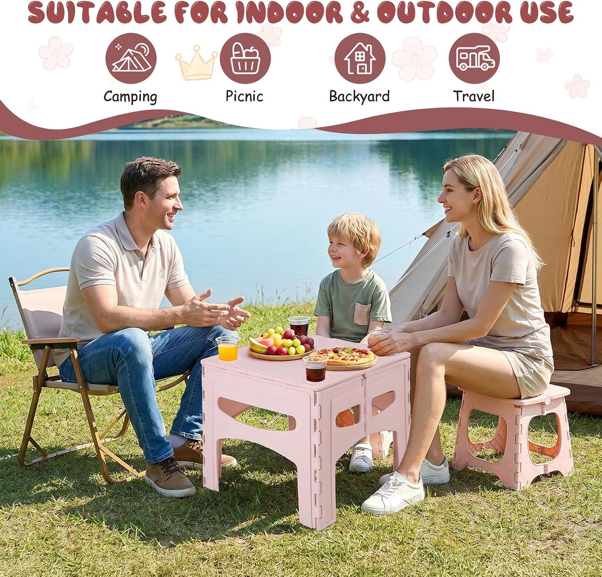 Kids Foldable Table and 2 Chairs Set, Portable Toddler Activity Table with Rounded Corners, PP Plastic Folding Picnic Set for Crafts, Snacks, Playroom, Patio, Indoor Outdoor Use