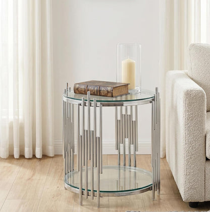 19.69” Round Glass End Table, 2-Tier Side Table with Clear Tempered Glass Top Silver Mirrored Stainless Steel Legs, Modern Luxury Nightstand Bedside Table with Lower Shelf for Living Room
