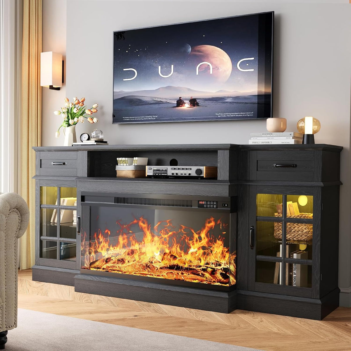 oneinmil 70" Fireplace TV Stand with 3-Sided Glass Fireplace, Modern Wood Entertainment Center with LED Lights and Glass Door, 36" Fire Place TV Stands for Living Room, Black