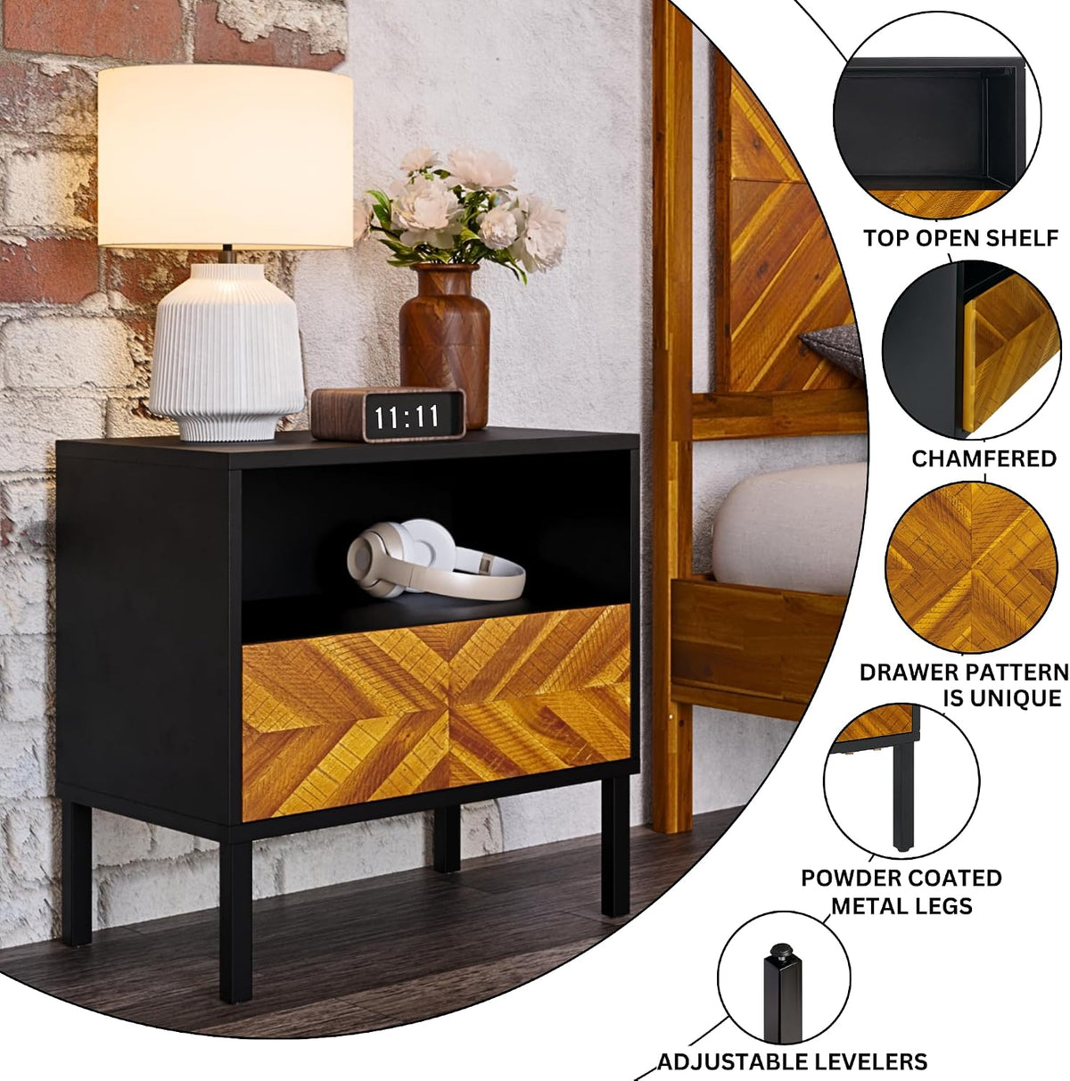 Bme Vivian Solid Wood Nightstand, End Table, Bedside Table with Herringbone Pattern for Rustic Bedroom, Easy Assembly, Rustic Golden Brown and Black