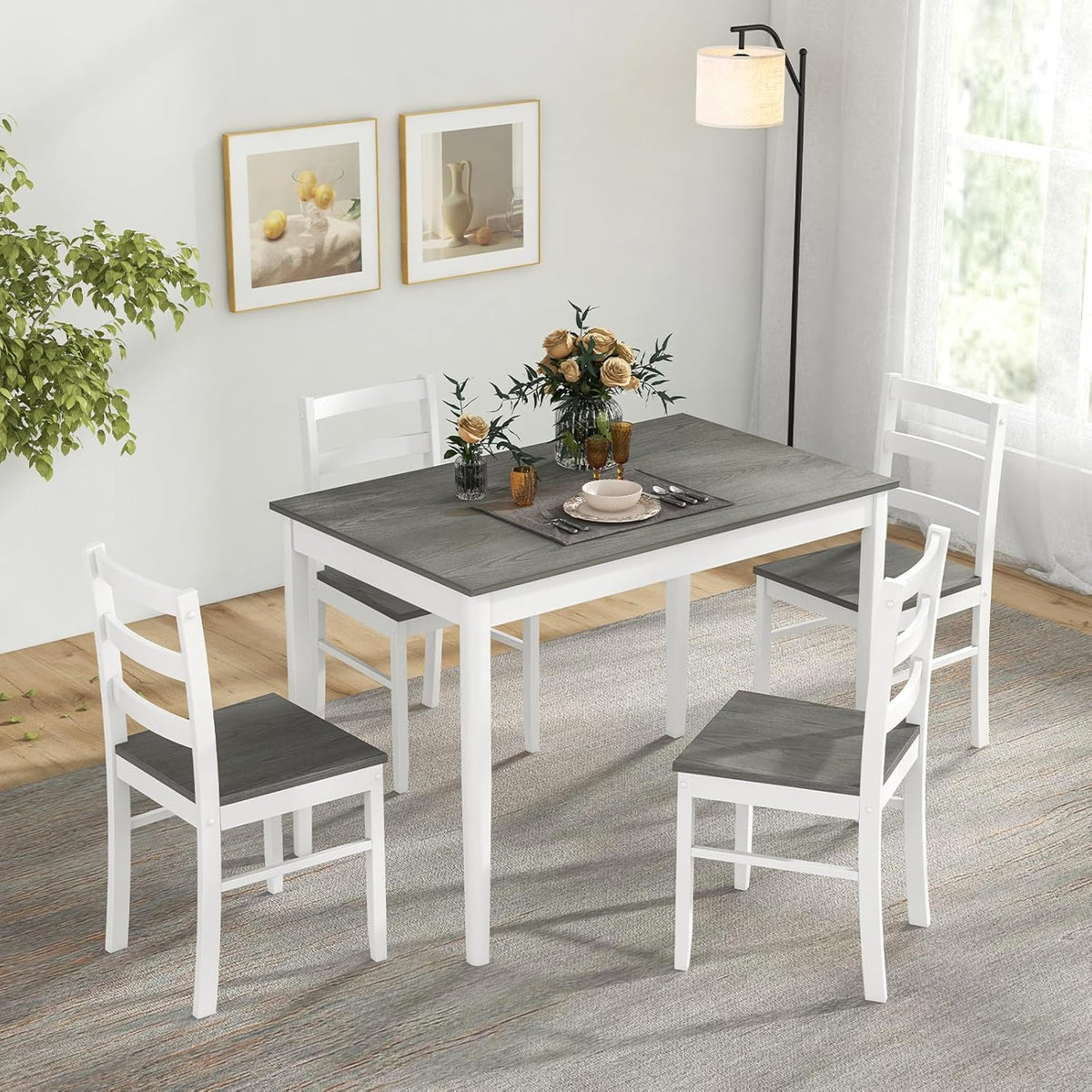 COSTWAY 5-Piece Dining Table Set for 4 w/Rubber Wood Structure, Grey | Spacious Tabletop, Anti-Slip Pads, Rubber Wood Legs, Space-Saving Design for Small Place, Apartment, Studio, Restaurant
