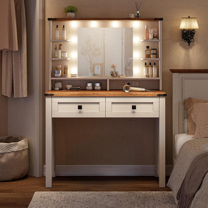 EnHomee Farmhouse Vanity Desk, Mirror & Lights, Women Bedroom, White
