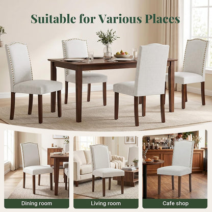 Upholstered Dining Chair Set of 4, Farmhouse Fabric Kitchen Chair | Modern, Padded Seat, Solid Wood Legs, High Back, Nailhead Trim, Living Room, Restaurant, Hotel, Beige