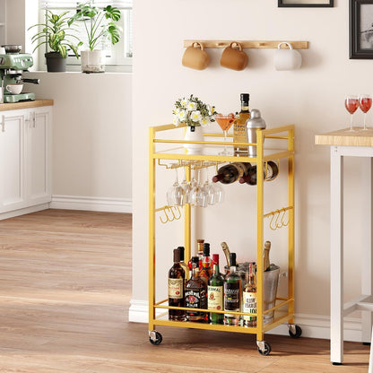 TUTOTAK Gold Bar Cart with 2 Mirrored Shelves, Wine Rack & Glass Holder | 2-Tier 17 Inch Wide Home Bar Serving Carts, Small Mobile Kitchen Shelf with 6 Hooks, Gold BC01BB031M