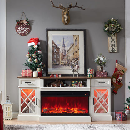 OKD Farmhouse TV Stand with Fireplace, 70'' Entertainment Center Stand with 36" 3-Sided Glass Electric Fireplace for TVs Up to 80 in, with 2 Drawers & 2 Storage Cabinet for Living Room, Antique White | with Fireplace