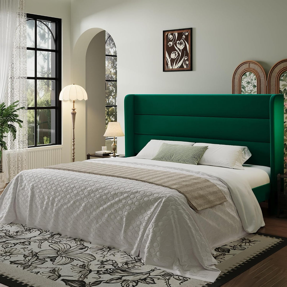 SHA CERLIN King Size Velvet Bed Frame with Wingback Headboard/Upholstered Platform Bed with Wooden Slats/Mattress Foundation/No Box Spring Needed/Easy Assembly/Green