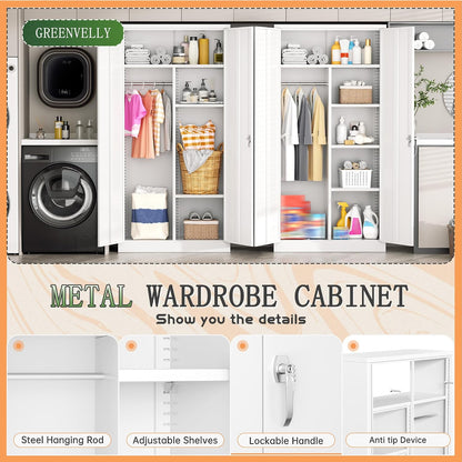 Greenvelly Metal Wardrobe Cabinet with Locking Doors, 72"H White Metal Wardrobe Closet with Hanging Rods and Adjustable Shelves, Clothing Storage Closet for Home, Office, Employee, Gym (16" D x 32" W)