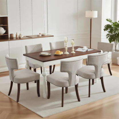 SoarFlash Modern Wooden Dining Chairs Set of 6, Farmhouse Linen Fabric Upholstered Accent Chair Curved Backrest with Copper Nails Around,Kitchen Chairs with Hardwood Frame, Beige