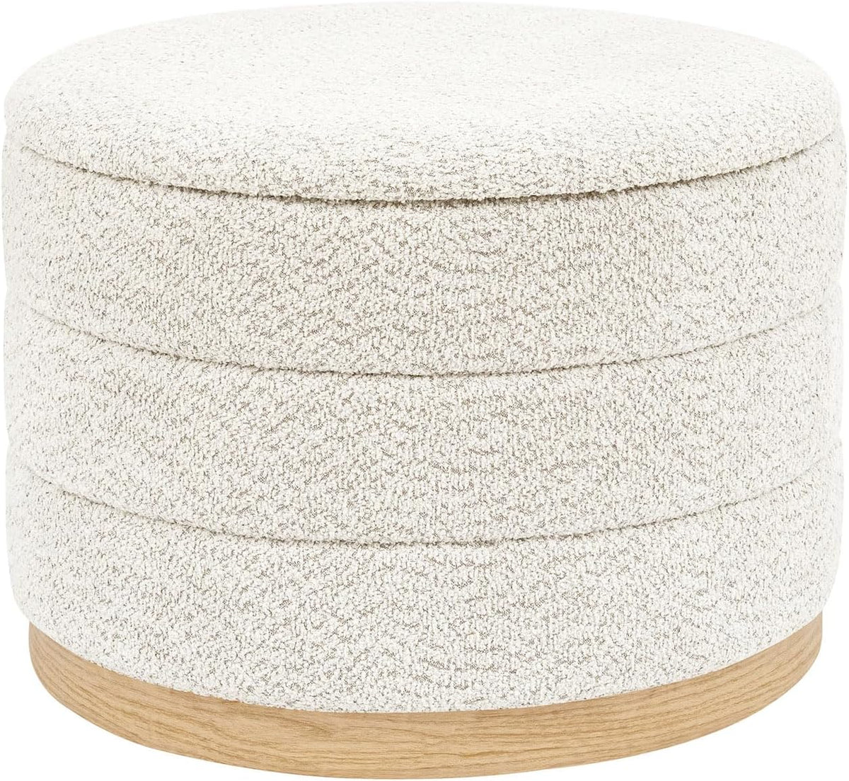 Round Storage Ottoman with Tray Lid, Folding Chenille Fabric Footrest with Hidden Storage, 22.8" Large Footstool Side Table for Dorm Living Room Bedroom, Wood Grain Base, Cream White