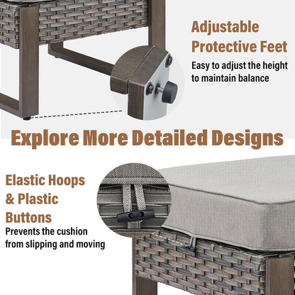 HUMMUH Patio Ottomans Outdoor Foot Rest-All Weather Rattan Outdoor Footstool with Removable Cover Cushions for Deck Porch Garden Balcony Poolside-Grey/Grey