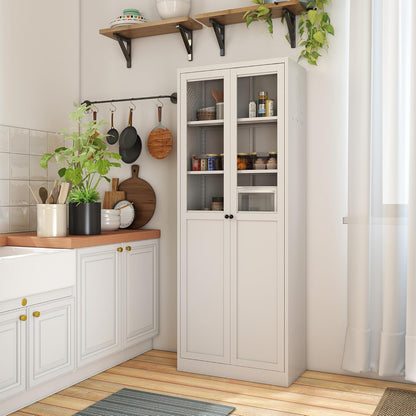 Kitchen Pantry Cabinet, 72" H Storage Cabinet with Glass Doors and Adjustable Shelves, Metal Bathroom Cabinets, Utility Cabinets for Kitchen, Living Room Assembly Required, White
