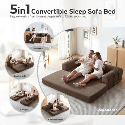 Convertible Modular Sleeper Sofa Bed, Mid Century Modern Decor Love Seat Memory Foam Couches, Sleeper Sofa Bed for Living Room, Solid & Easy to Install Cloud Couch (Brown)
