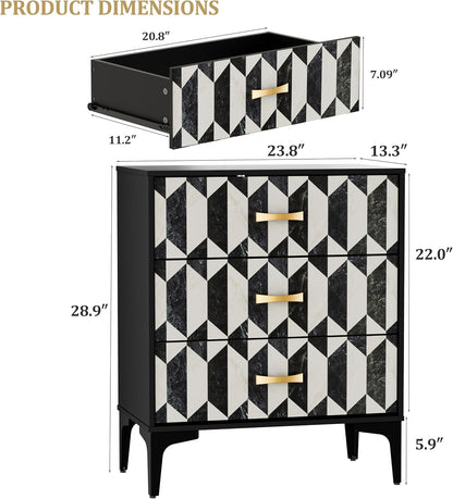 Anbuy Black Marble Nightstand, Modern Night Stand with 3 Drawers for Bedroom, Large Side End Table Bedside Night Tables with Gold Handles & Matel Legs
