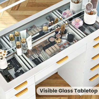 Pamapic Glass Top Vanity Desk with Mirror and Lights, 11 Drawers Makeup Vanity with Charging Station, Golden Handles Dressing Table, 3 Lighting Modes Makeup Table, White