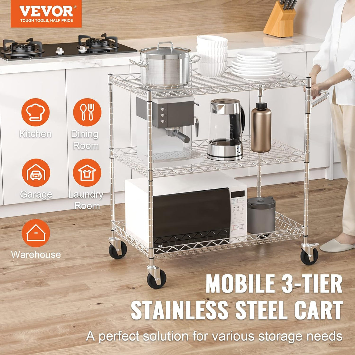 VEVOR Kitchen Utility Cart, 3 Tiers, Wire Rolling Table with 661 LBS Capacity, Steel Service Desk on Wheels, Metal Storage Trolley with 80 mm Deep Basket Curved Handle 6 Hooks