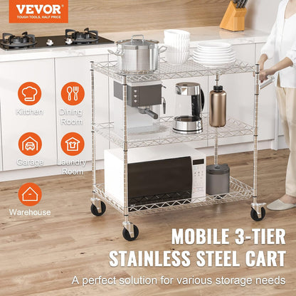 VEVOR Kitchen Utility Cart, 3 Tiers, Wire Rolling Table with 661 LBS Capacity, Steel Service Desk on Wheels, Metal Storage Trolley with 80 mm Deep Basket Curved Handle 6 Hooks
