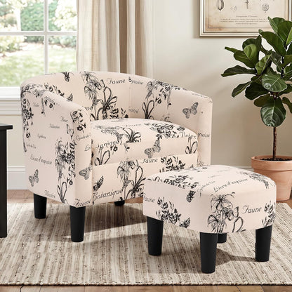 INZOY Oversized Accent Chair with Ottoman, 23.2" W Oversized Club Chair with Ottoman Set, Comfy Fabric Barrel Reading Chairs for Living Room Bedroom, Round Reading Chair with Foot Rest, Flower Pattern