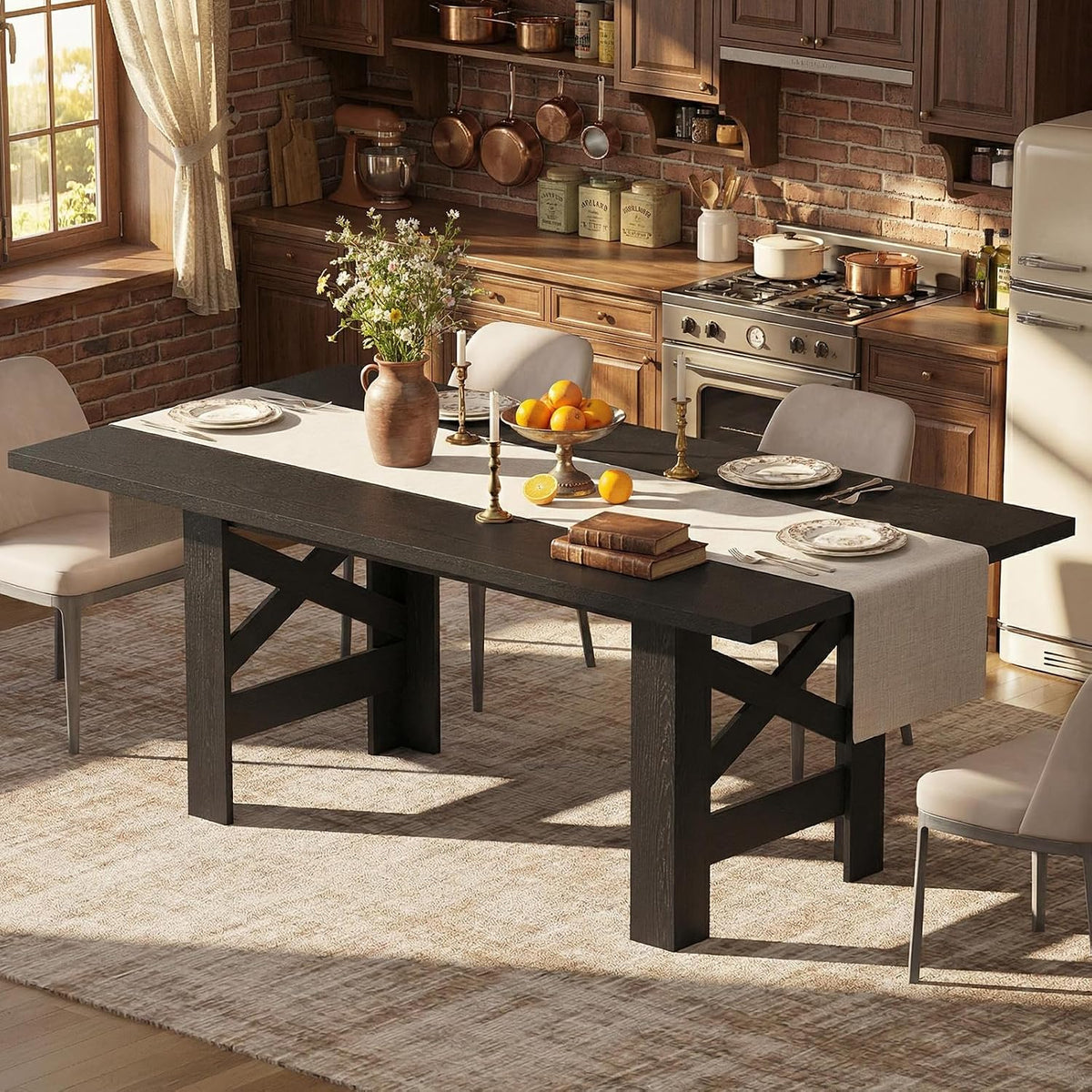 IDEALHOUSE 71" Long Dining Table for 6-8, Farmhouse Wooden Barn Kitchen Table for 6, Triangular Legs, Large Dining Room Table w/Thick Tabletop, Sturdy Frame, for Dinner, Kitchen, Office, Rustic Black
