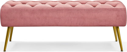 Topeakmart Dining Bench, Button-Tufted Upholstered Bench with Gold Metal Base for Kitchen, Living Room, Entryway - Pink