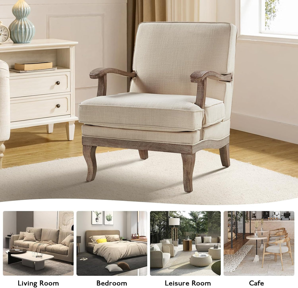 HULALA HOME Mid-Century Modern Accent Chairs Set of 2, Upholstered Lounge Arm Chair with Solid Wood Legs and Armrest, Removable Cushion Comfy Reading Armchair for Living Room, Bedroom, Balcony, Linen