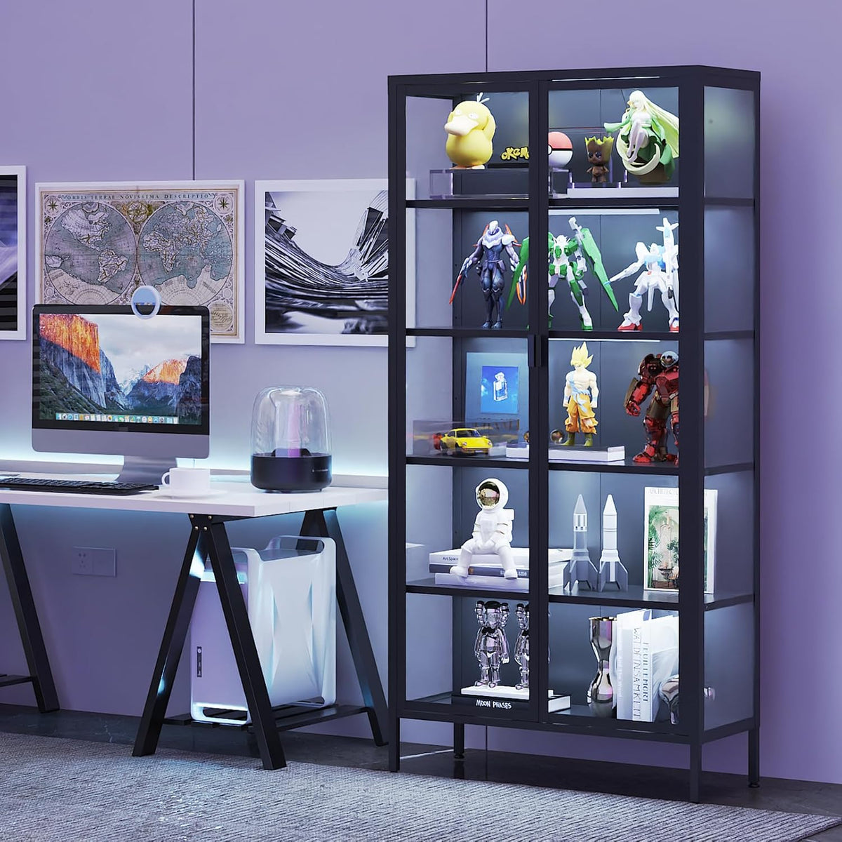 71" H Display Cabinet with Glass Doors,Display Case with LED Sensor Lights,Glass Display Cabinet with Adjustable Shelves and Feet,Display Cabinets for Living Room/Bedroom/Kitchen