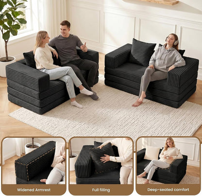 Loveseat Sofa Bed,Small Couch Bed Futon Sleeper Sofa,Convertible Pull Out Couch with Removable Armrests Backrest,Corduroy Folding Floor Couch for Living Room,Small Space,Black