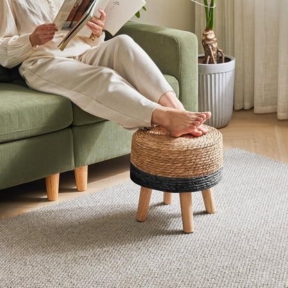 YMYNY Foot Stool, 12.6" Small Ottoman, Natural+Black,HBD027B | Natural Seagrass Hand Weave, Round Footrest, Non-Skid Wood Legs, Boho Style,for Living Room, Bedroom, Entryway