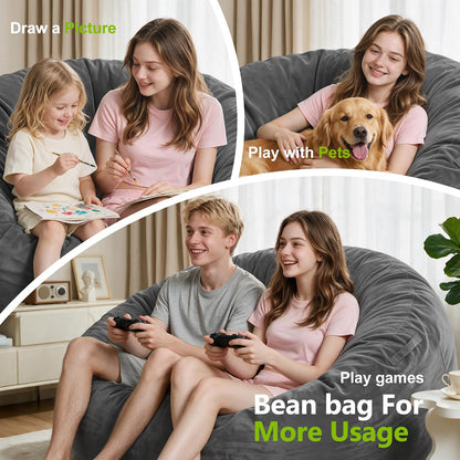 Homguava 6FT Bean Bag Chairs for Adults,Giant Adult Bean Bag Chair,BeanBag | Large Beanbag Chair with Foam Filled,Bean Bag Sofa with Handle&Pocket,Washable Velvet Cover Bedroom,Living Room-Grey