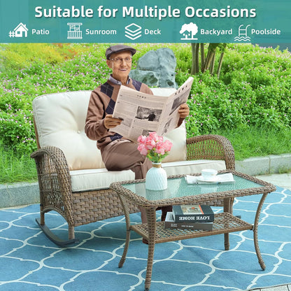 MEETWARM Outdoor Wicker Loveseat Rocking Chair, Loveseat for 2 Person Porch Furniture Rocker with Glass-Top Coffee Table, All-Weather Rattan Patio Rocking Bench with Thickened Cushions, Brown