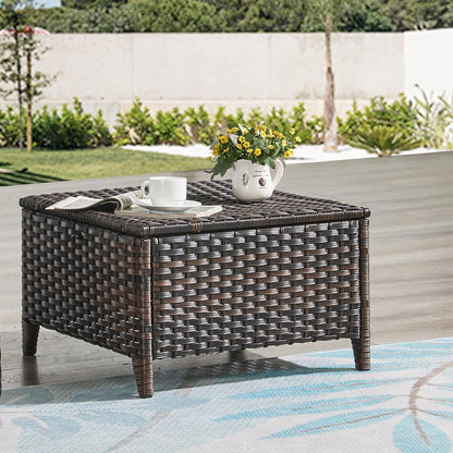 HUMMUH Outdoor Ottomans for Patio Set of 2 PE Wicker Steel Frame Outdoor Footstool for Patio, Backyard, Additional Seating, Side Tables with Removable Weather-Resistant Cushions