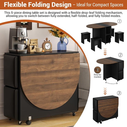 5 PCS Farmhouse Dining Table Set for 4,60" Large Round Folding Dining Table Set w/ 4 Leather Chairs, Drop Leaf Oval Modern Kitchen Table for Small Spaces,6 Wheels,2-Layer Storage Shelf,Walnut