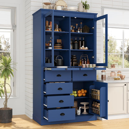 Tall Kitchen Pantry Cabinet with Glass Doors, Display Cabinet Coffee Bar Cabinet with Drawers, Serving Trays and Shelves for Dining Room, Living Room (Blue)
