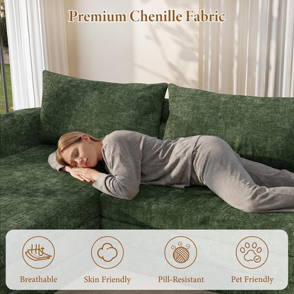 Vesgantti 110.2" Modular Sectional Sofa with Curved Armrest, 6 in 1 Convertible Folding Sleeper Sofa Bed, Chenille Couch for Living Room, No Assembly Required, Green, Left Facing Chaise