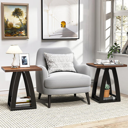 End Tables Living Room. Side Table Beside Sofa. Modern End Table for Living Room. Couch Side Table with Shelf. Black-Brown Wood Side Tables