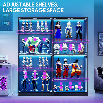 AMERLIFE RGB Display Cabinet with Adjustable Glass Shelves, 4-Tier Storage Case with LED Lights & Press-to-Open Doors, Modern Display Shelf for Collectibles, Black 70" H×32" L×16" D