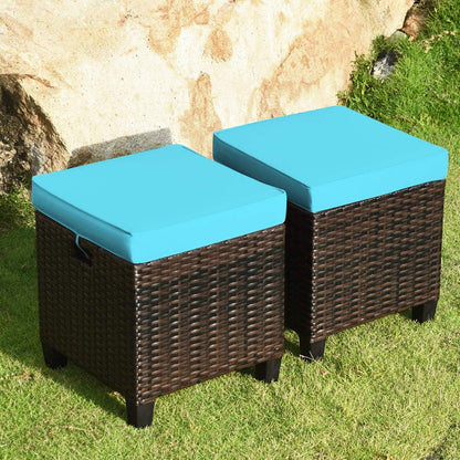 HAPPYGRILL 2pcs Patio Ottoman Set Outdoor Rattan Wicker Ottoman Seat with Removable Cushions Patio Furniture Footstool Footrest Seat