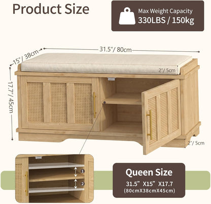Heybly Shoe Cabinet with Bench, Rattan Entryway Storage Bench with Cushion, Shoe Storage Bench Cabinet with 2 Doors, Adjustable Shelves, Wooden Shoe Bench 31.5" for Living Room Bedroom Hallway HSB001N