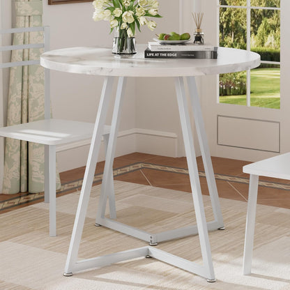 VECELO Round Dining Room Table with Wood Grain Tabletop and Steel Frame, for Kitchen, Living Room, Office, Conference, 2 to 4 Person, White Faux Marble