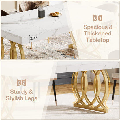 Tribesigns 63-Inch Dining Table for 4-6, Modern Kitchen Table with Faux Marble Tabletop and Geometric Legs, Rectangle Dining Room Furniture for Living Room, Kitchen, White and Gold