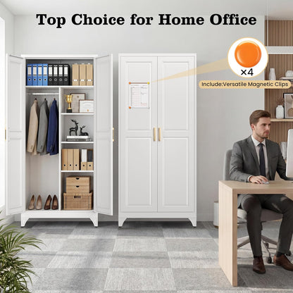 71" Metal Storage Cabinet with Hanging Rod, Tall White Wardrobe Closet with 3 Adjustable Shelves, Heavy Duty Steel Office Armoire, Modern Minimalist Design for Bedroom, Laundry Room