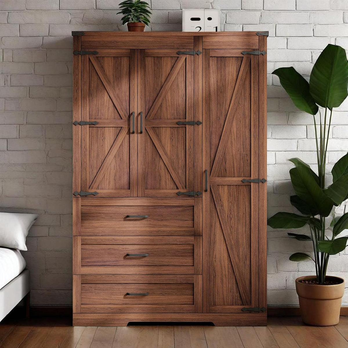 70" Tall Wardrobe Closet with 3 Doors & 3 Drawers, Farmhouse Armoire with Hanging Rod, Wooden Armoire Wardrobe Closet for Bedroom, Freestanding Clothing Storage Cabinet, Brown