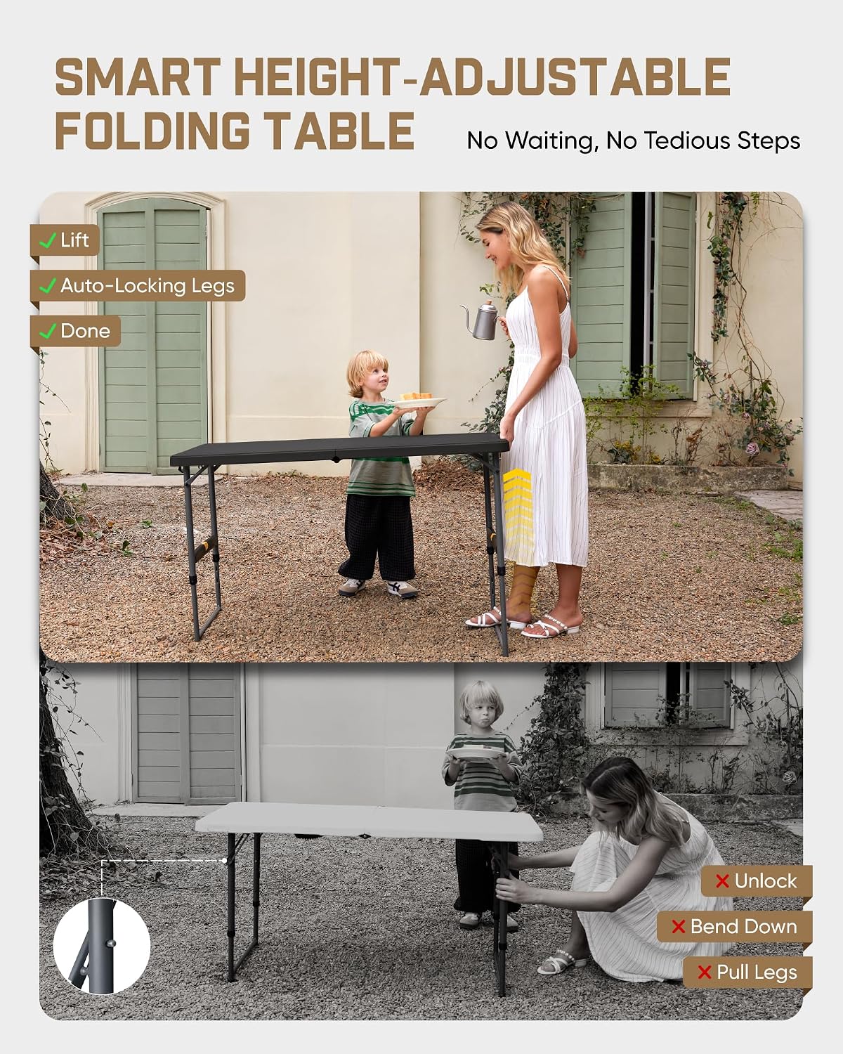 FanttikOutdoor Folding Table 4 Foot Quick Adjust, 4 Heights Camping, Party | Effortless Adjustable Height Foldable Small Card Table, Fixing Lock, Carry Handle, Indoor Outdoor, 2-Pack Black Zeta X4 Pro