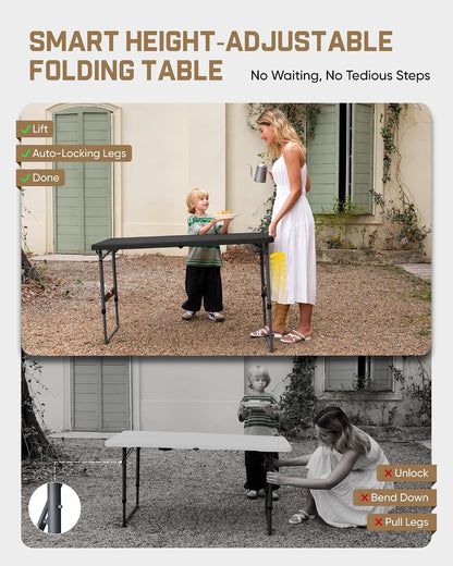 FanttikOutdoor Folding Table 4 Foot Quick Adjust, 4 Heights Camping, Party | Effortless Adjustable Height Foldable Small Card Table, Fixing Lock, Carry Handle, Indoor Outdoor, 2-Pack Black Zeta X4 Pro
