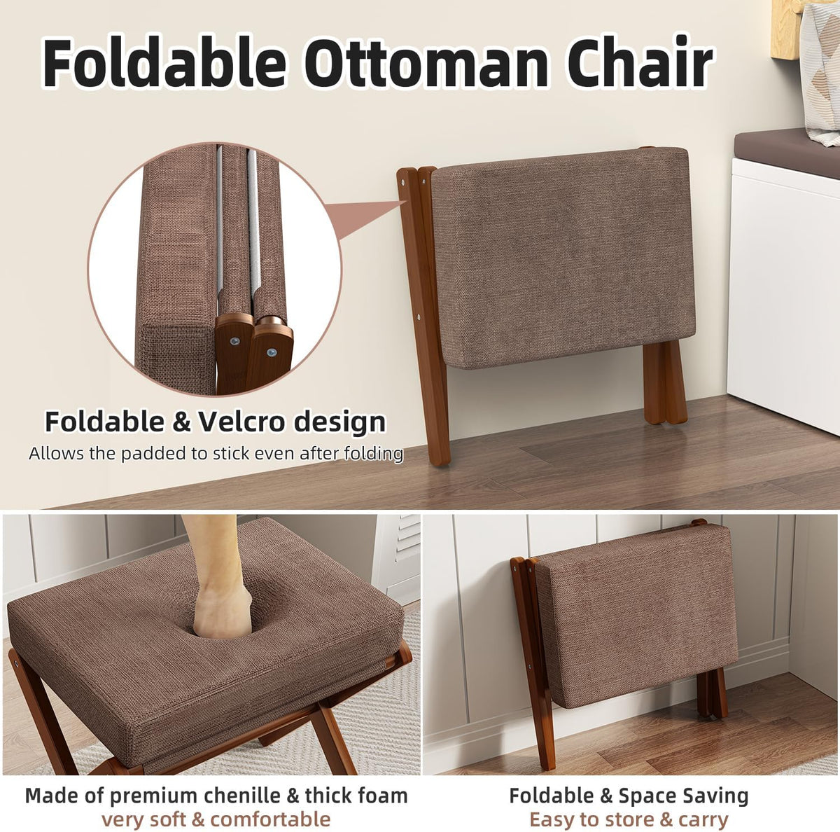 BAMBOOHOMIE Foldable Foot Stool Ottoman, Modern Foot Rest with Bamboo X Legs & Thick Foam Cushion, Folding Foot Stools Small Padded for Bedroom Living Room, Footstool for Chair Couch (Brown - Brown)