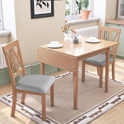 Merax Farmhouse Wood 3-Piece Multifunctional Dining Set, 45.6 inch Extendable Table with Drop Leaf, 2 Upholstered Chairs for Kitchen, Small Space, Natural