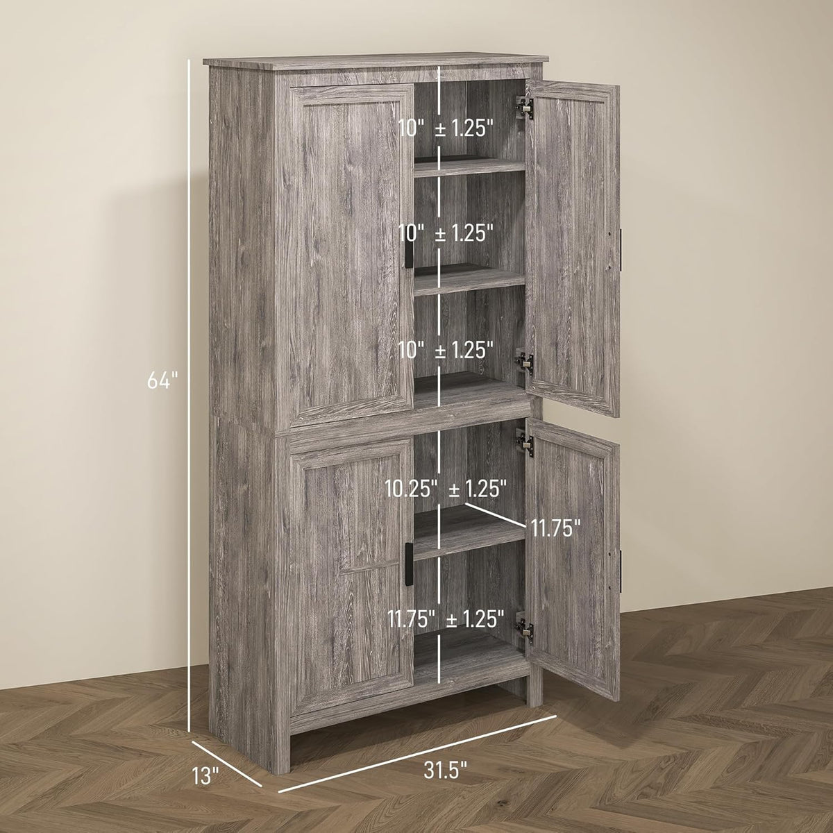 HOMCOM 64" Kitchen Pantry Cabinet, Freestanding Storage Cabinet with 4 Doors and 3 Adjustable Shelves for Dining Room, Gray Oak