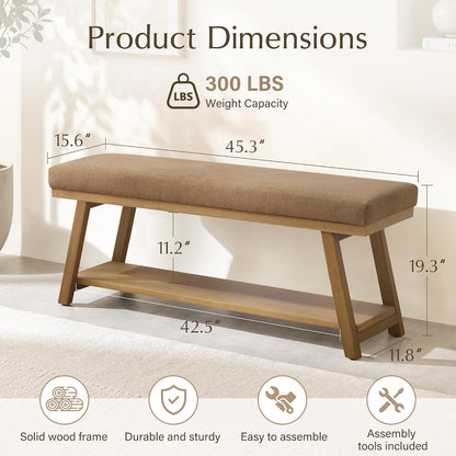 Zihanhome 45" Entryway Bench Upholstered Storage Bench for Bedroom(Brown) | Shoe Rack Bench for Living Room, Hallway, Mudroom, Balcony, Sturdy Indoor Bench Seat Holds Up to 300 lbs