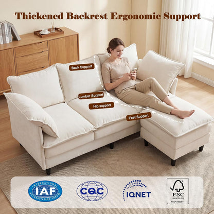 69" Couch Sofa L-Shape 3 Seat with Ottoman, Small Cloud Sofa Double-Layer Cushion 23" Deep Seat Washable Chenille Pillows Couches for Living Room Apartment Office 69-Beige-L