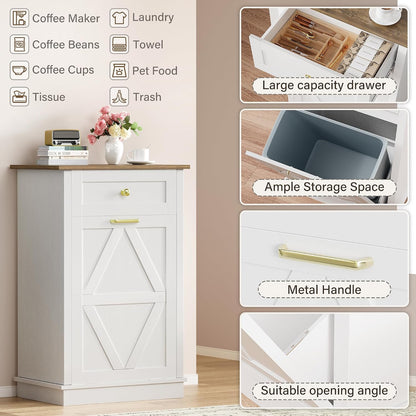 YESHOMY Tilt Out Trash Can Cabinet, 10 Gallon Garbge Can Cabinets, Wooden Hidden Laundry Hamper with Drawer, for Kitchen, Dining Room, Living Room (White)