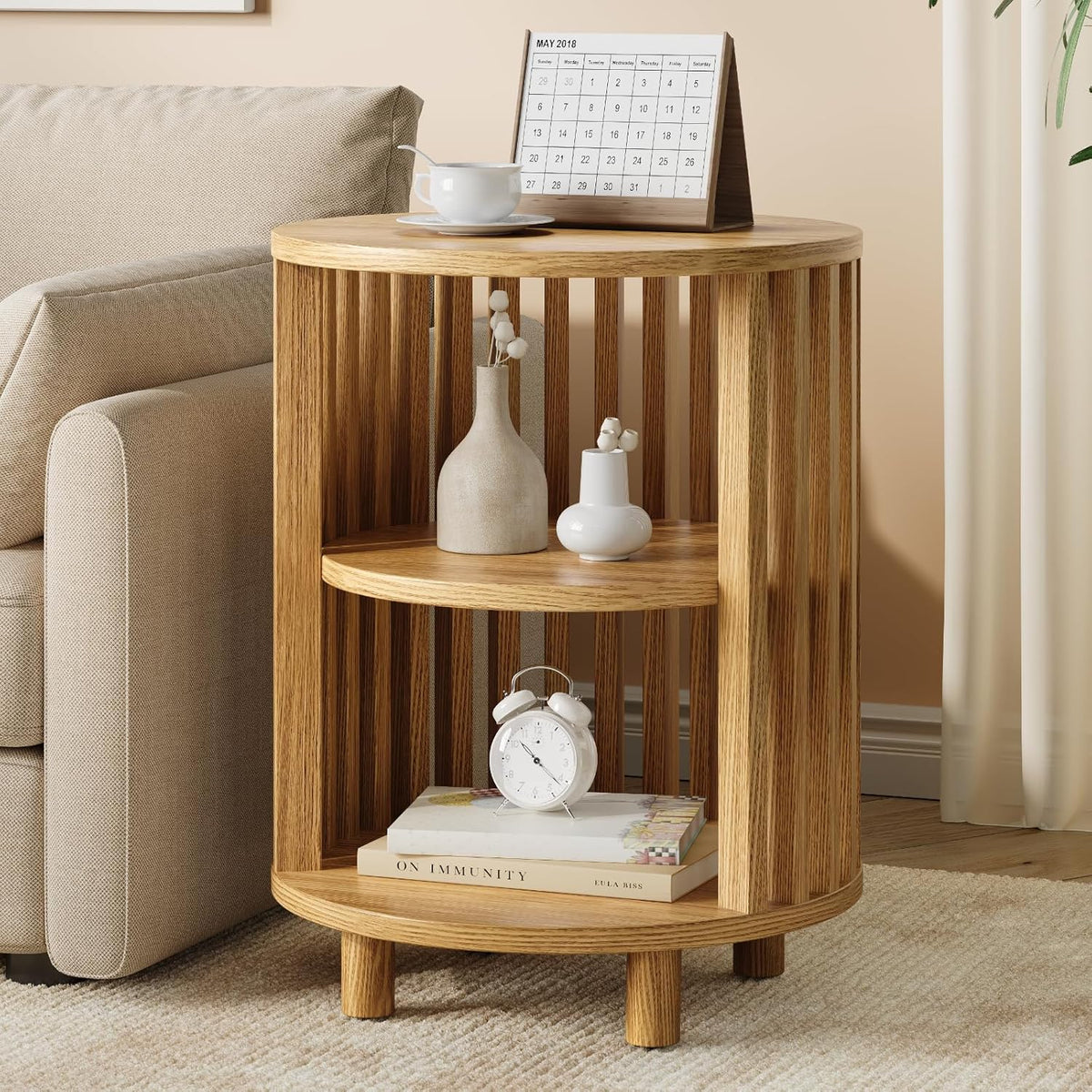 Round End Table, Wood Bedside Table, Mid Century Modern Nightstand with Open Storage Shelf, 3 Tier Small Side Tables for Living Room, Bedroom, Curved Profile Design, Natural Oak(1-Pack)